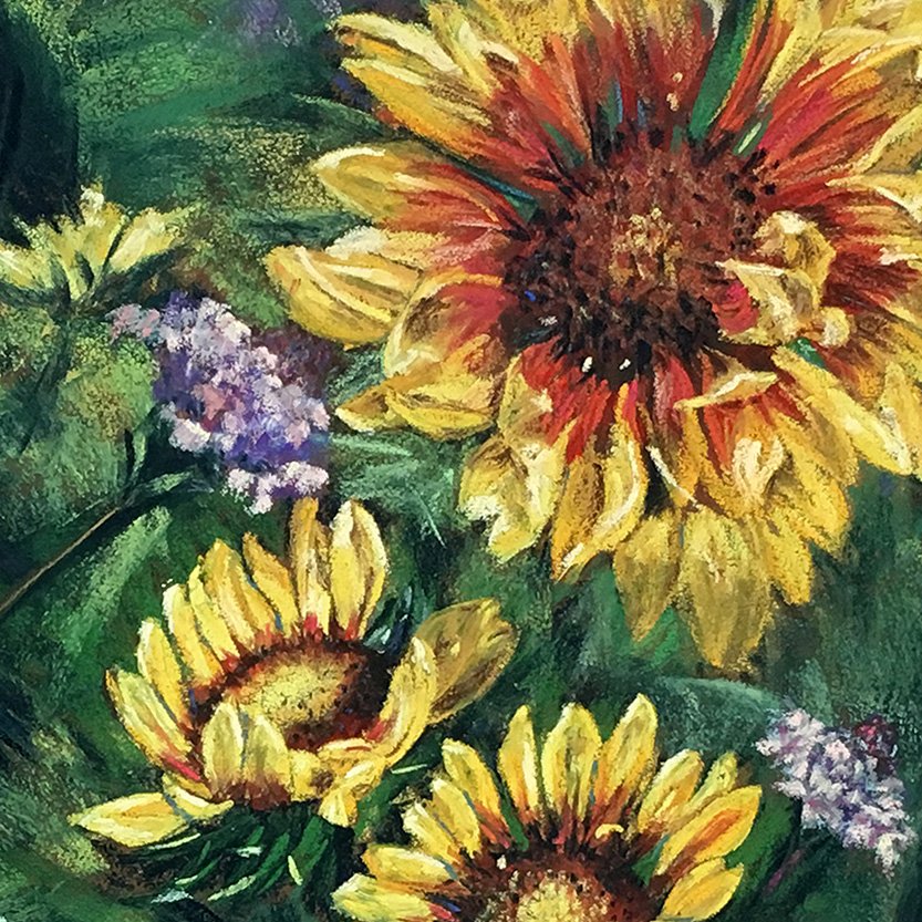 Detail of painting titled "Gaillardias on Alcatraz"